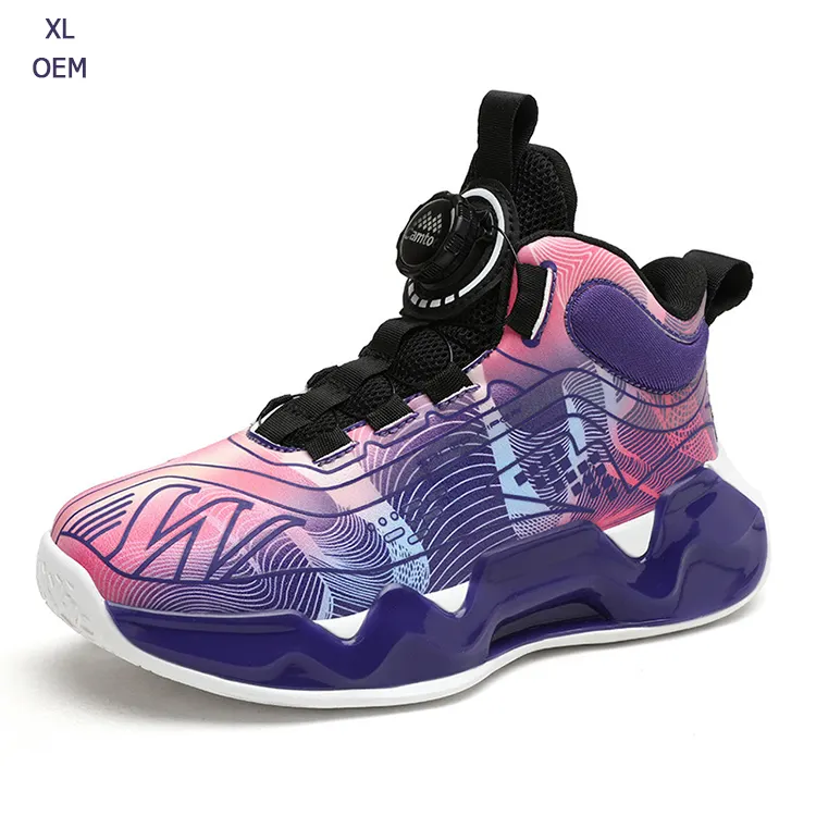 Children's mesh hiking boots comfortable fashion senior rotating button basketball shoes comfortable luminous shoes