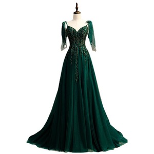 S0971N Nuevo Estilo Vestido de Noche Elegante con Cola Pequeña, Estampado Floral de Encaje, Largo hasta el Suelo, Corte en A, Cola Capilla, para Fiesta y Banquete, Verde Oscuro - Product Image 5