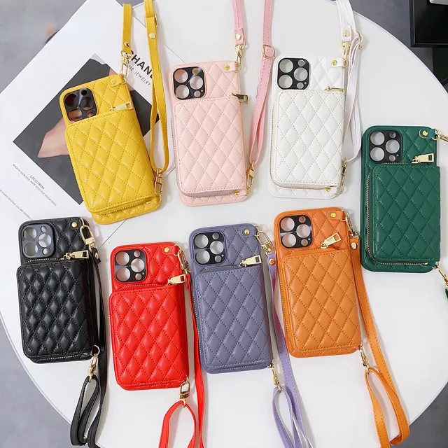 Luxury Crossbody Wallet Phone Case for 14 13 12 11 Pro Max with Card Slot Lanyard Strap Waterproof Real Silicone
