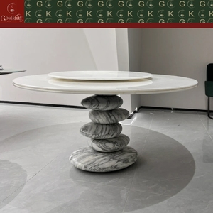 Mesa de Comedor Redonda de Mármol Blanco de Lujo GOLDKING con Vetas Grises, Tapa Giratoria y Pedestal de Piedra Natural Apilada, OEM ODM Directo - Product Image 2