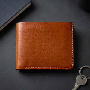 Custom <b>Men's</b> Brown Crazy Horse Cow Leather Short Bifold <b>Wallet</b> with Coin Pocket <b>RFID</b> Blocking Open Closure - Product Image 3