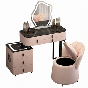 Modern Pink Vanity <b>Table</b> Set with <b>Mirror</b> & Stool, Space-Saving Dressing <b>Table</b> with Storage for Small Apartment Bedroom - Product Image 1