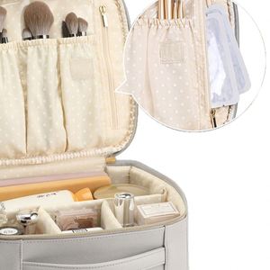 Sac de maquillage portable en PU pour femmes, avec logo personnalisé, motif géométrique, grande capacité, fermeture éclair, poignée souple, double couche, sac de voyage - Product Image 4