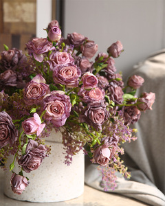 Manufacturers Wholesale 3 Head Burnt Edge Silk Rose <b>Bouquets</b> for Multi-color Wedding Decoration <b>Artificial</b> Flowers - Product Image 2