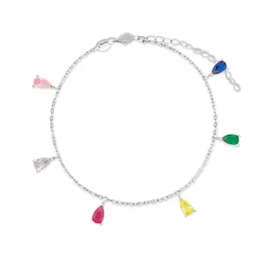 Ouj Cubic Zircon 925 Sterling Silver Jewelry Bracelet Natural Lucky Birthstone Pear Rainbow Charm Chain Bracelet for Women