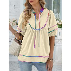 Womens Boho Blouse V Neck Short <b>Lantern</b> Sleeve Chiffon Flowy Peplum Top Casual Everyday Wear Breathable Summer Shirt - Product Image 4
