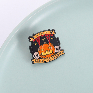 Spilla in metallo smaltato Happy <span class=keywords><strong>Meow</strong></span> O Ween, simpatico gatto nero di Halloween, distintivo da risvolto, gioiello, regalo, all'ingrosso - Product Image 1