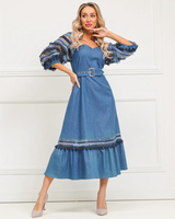 Robe Midi en Jean Bleu Personnalisée pour Femme, Col Cœur, Manches 3/4 à Franges et Paillettes, Ceinturée, pour Soirée ou Tenue Décontractée – Fabrication OEM/ODM Directe Usine