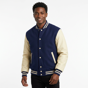 Veste de sport marine pour homme avec manches crème, col rabattu, fermeture boutonnée, style preppy, vêtement d'automne - Product Image 1