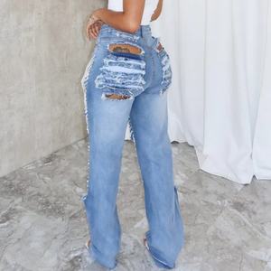 Pantalones Vaqueros Rectos de Cintura Alta con Botones y Perlas para Mujer, Pantalones de Mezclilla con Bolsillos para Mujer - Product Image 4