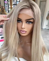 Perruque Lace Front en Cheveux Humains Blond Platine avec Mèches Blondes et Racines Ombrées pour Femme