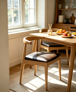 Silla de Comedor con Respaldo en Arco de Roble Natural, Asiento Acolchado de PU Negro Brillante Impermeable, Patas Cónicas de Madera Maciza, Silla Minimalista para Cocina - Product Image 2