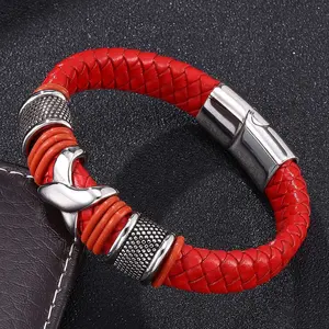Pulseira masculina de couro, acessórios de moda, pulseira vermelha trançada, joias, fecho magnético, pulseira de aço inoxidável feminina
