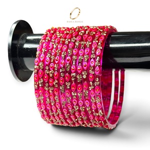 Bracelets tendance en verre traditionnel du Cachemire, plaqués or, motif goutte de pluie rose, avec perle taille émeraude, bijoux de mariage indien festifs - Product Image 1