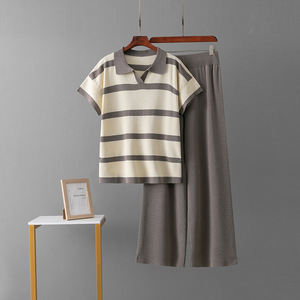 Women's Summer New Casual Fashion Sweater Set Breathable Striped Pattern Knitted Top and Wide Leg <b>Pants</b> with Loose Fit - Product Image 5