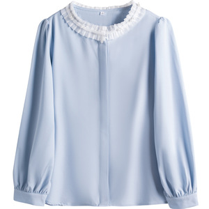 Women's Blue Chiffon Blouse With Ruffle Collar Long Sleeve Elegant Top For Everyday Wear - Product Image 5