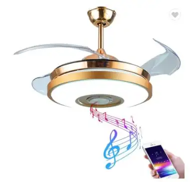 Remote Control Switch Modern Design Indoor Led Blue tooth MP3 retractable ceiling fan chandelier with aluminum luxury gold color