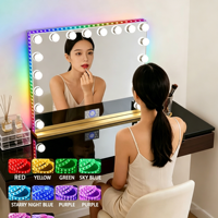 Cermin Rias Meja Pribadi dengan Lampu RGB, Speaker Bluetooth, Layar Sentuh LCD, Cermin LED dengan Jam dan Tanggal