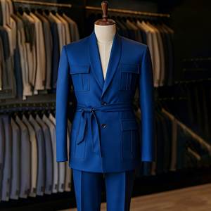 <span class=keywords><strong>Costume</strong></span> homme bleu marine avec ceinture, revers châle, coupe ajustée, blazer simple boutonnage, vêtement de luxe 2 pièces (veste et pantalon) pour le quotidien - Product Image 3
