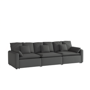 Divano Modulare in Tessuto Grigio Scuro a Tre Posti, Design Moderno per Soggiorno, Cuscini Imbottiti, Braccioli Imbottiti, Gambe in Plastica - Product Image 1