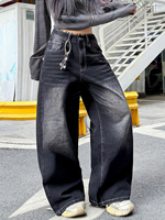 Jeans en denim noir délavé pour femme, imprimé graffiti, clouté, taille haute, coupe ample, jambe large, style streetwear Y2K, vente en gros