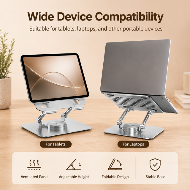 New Silver Aluminum Portable Laptop Stand Dual Axis Foldable CE RoHS Standard for Home Office Tablet Computer Use