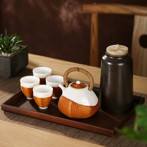 Chinese Style Bamboo Woven Porcelain <b>Tea</b> <b>Set</b> Dehua White Porcelain Teapot And Cups Gift Box Traditional Design 6 Pieces - Product Image 1