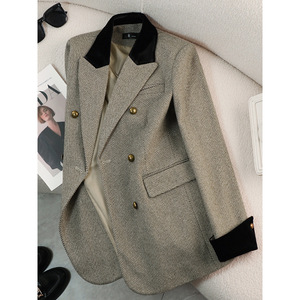 Women's Herringbone Blazer Jacket Double Breasted Gold Buttons Loose Fit Anti-Wrinkle Wool Blend Spring Autumn Wear - Product Image 1