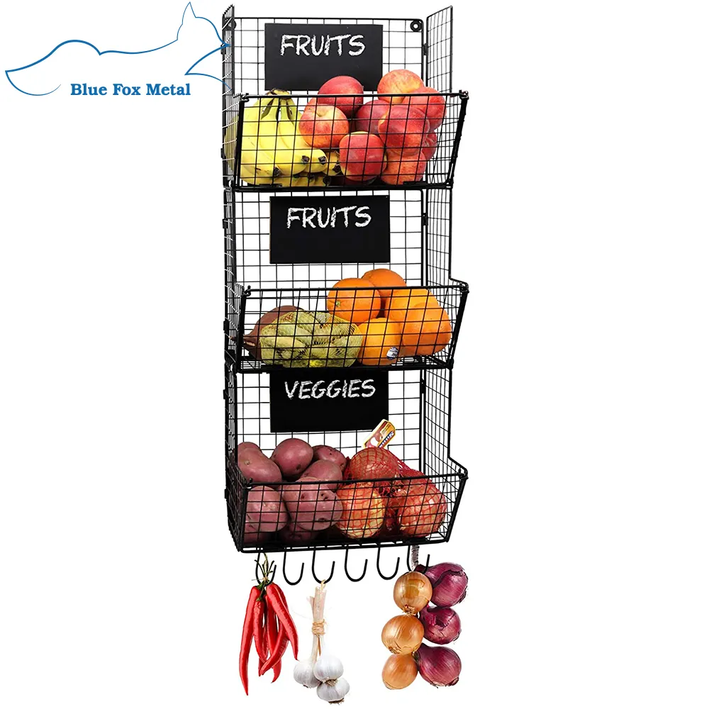 3層折りたたみ式オーガナイザーワイヤーメタル壁掛けフルーツ野菜ハンギングキッチン収納バスケット