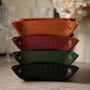 Multi-Use Woven Leather Classic Square Jewelry Organizer Makeup <b>Storage</b> Box Portable <b>Dressing</b> <b>Table</b> Earrings Rings Keys Tray - Product Image 2