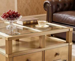 Luxury Gold Glass Top Coffee <b>Table</b> Modern Living Room Square Coffee <b>Table</b> with 2 <b>Drawers</b> - Product Image 3