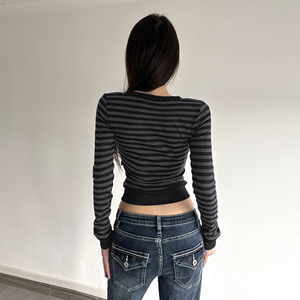 <b>Womens</b> Striped Color Block <b>V</b> <b>Neck</b> Button Front Cropped Long Sleeve Slim Fit Digital Printing <b>T</b> <b>Shirt</b> Streetwear Casual Top - Product Image 4
