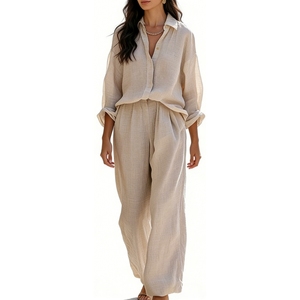 Women's Coral Shirt & Wide-Leg <b>Pants</b> 2 Piece Set - Casual Summer Outfit Breathable Coord Fashion - Product Image 6