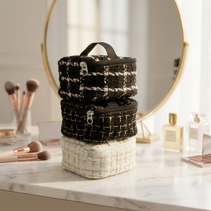 Élégante trousse à cosmétiques en tweed, petite taille, motif géométrique, fermeture éclair, poignée souple portable, sac de rangement pour maquillage - Product Image 2