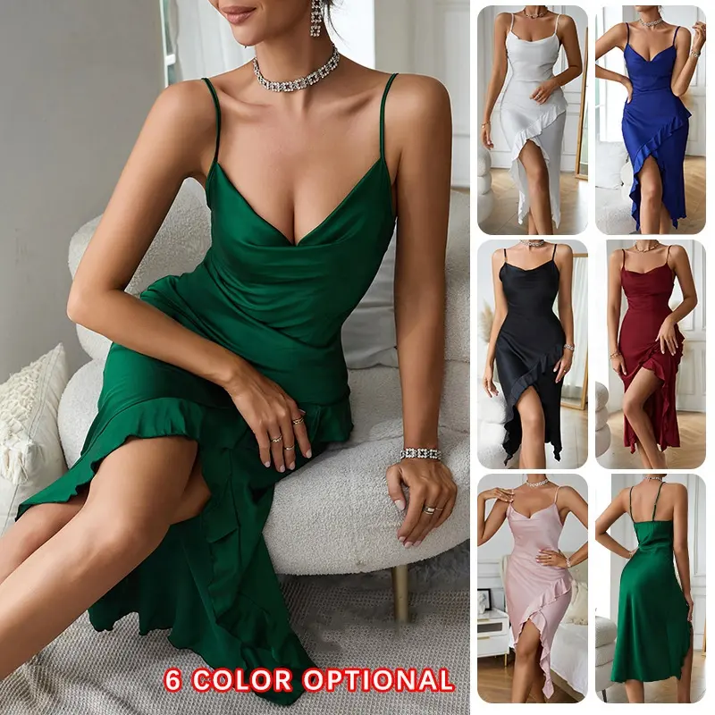 Gaun panjang lipit untuk wanita, gaun pesta kasual elegan kerah V dalam gaya punggung terbuka modis baru dengan pinggiran berkerut untuk wanita