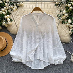 2026秋季女式刺绣蕾丝衬衫长袖宽松纽扣休闲通勤衬衫 - Product Image 3