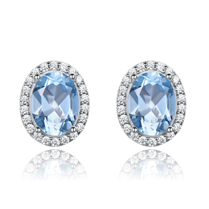 Hypoallergenic 925 Sterling Silver Rhodium Plated Certified Natural <b>Blue</b> <b>Topaz</b> Halo Claw Set Stud <b>Earrings</b> Trendy Gift Women's - Product Image 1