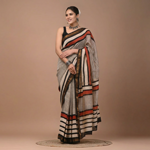 Sari en soie Maheshwari pure imprimé à la main avec pièce de blouse – Élégant soie Maheshwari pure – Vêtement ethnique imprimé à la main - Product Image 1