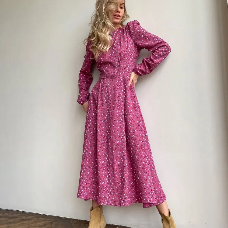 Vestidos Women Elegant Autumn Casual Dresses O Neck Hollow Out Long Sleeve Pink Floral Print Ladies Midi Maxi Dress with Zipper