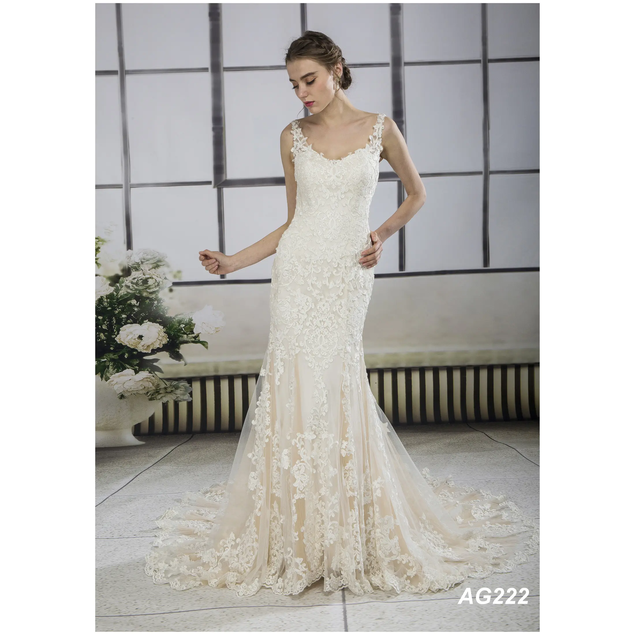 New arrival wholesale mermaid elegant french lace strap sleeveless wedding dress Angel Bridal