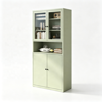 Meuble de rangement en métal vert sauge avec portes en verre et portes pleines, étagère ouverte, bibliothèque autoportante, unité de rangement pour le bureau à domicile