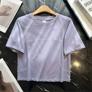 เสื้อยืดคอกลมสำหรับผู้หญิง ระบายอากาศได้ดี สีสันตัดกัน เหมาะสำหรับปั่นจักรยาน วิ่ง สีฟ้าซีซอลท์ สีเขียวมอร์เซน สีม่วงทาร์โอ - Product Image 3