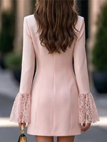 Robe mini élégante pour femme, à double boutonnage, col cranté, manches longues évasées en dentelle, pour le bureau ou les soirées