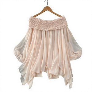 Wholesale Pleated Off Shoulder Chiffon <b>Blouse</b> Raglan Bubble Sleeve Irregular Hem Women Summer Shirt - Product Image 3