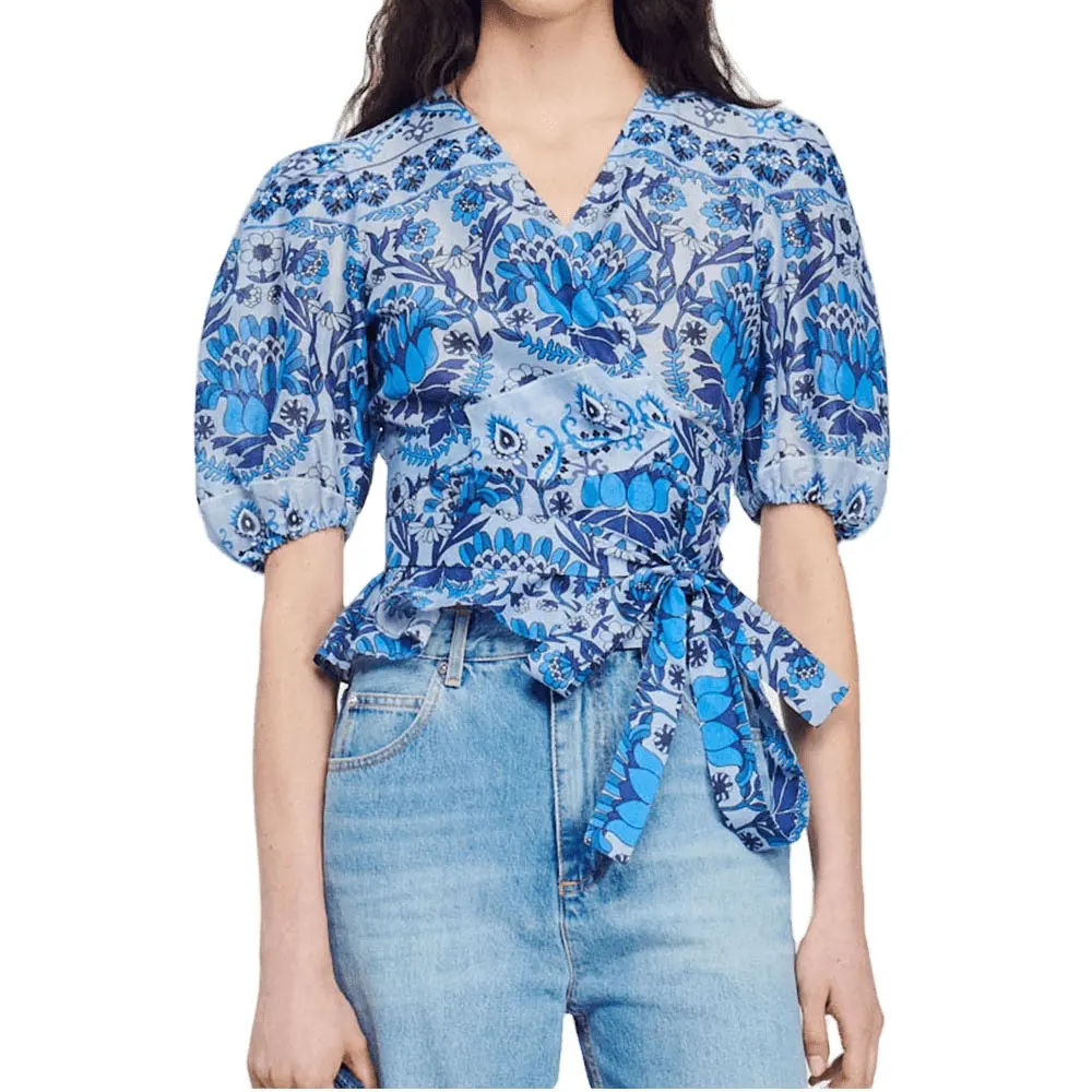 Top recortado elegante para mujer, escote envolvente, Mangas de globo, cierre lateral con lazo automático, blusa envolvente estampada con dobladillo completo