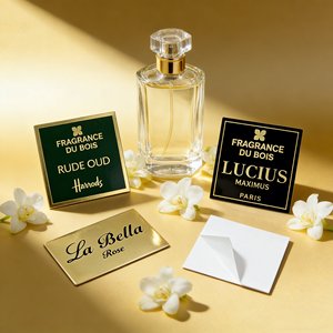 Etiqueta de Aluminio con Acabado Metálico Dorado en Forma Personalizada, Placa de Identificación para Botellas de Perfume con Relieve 3D, Etiquetas de Embalaje con Logotipo Grabado Personalizado - Product Image 6