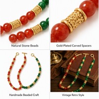 Collier Rétro Médiéval en Alliage Plaqué Or avec Perles en Pierre Naturelle Fait Main, Chaîne à Maillons, Poids 80G, Vert Rouge
