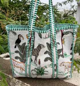 Bolsa de Mano Acolchada de Algodón con Estampado de Bloques, Reutilizable, para el Mercado, Oficina, Uso Casual, Viajes, Bolso de Hombro - Product Image 4