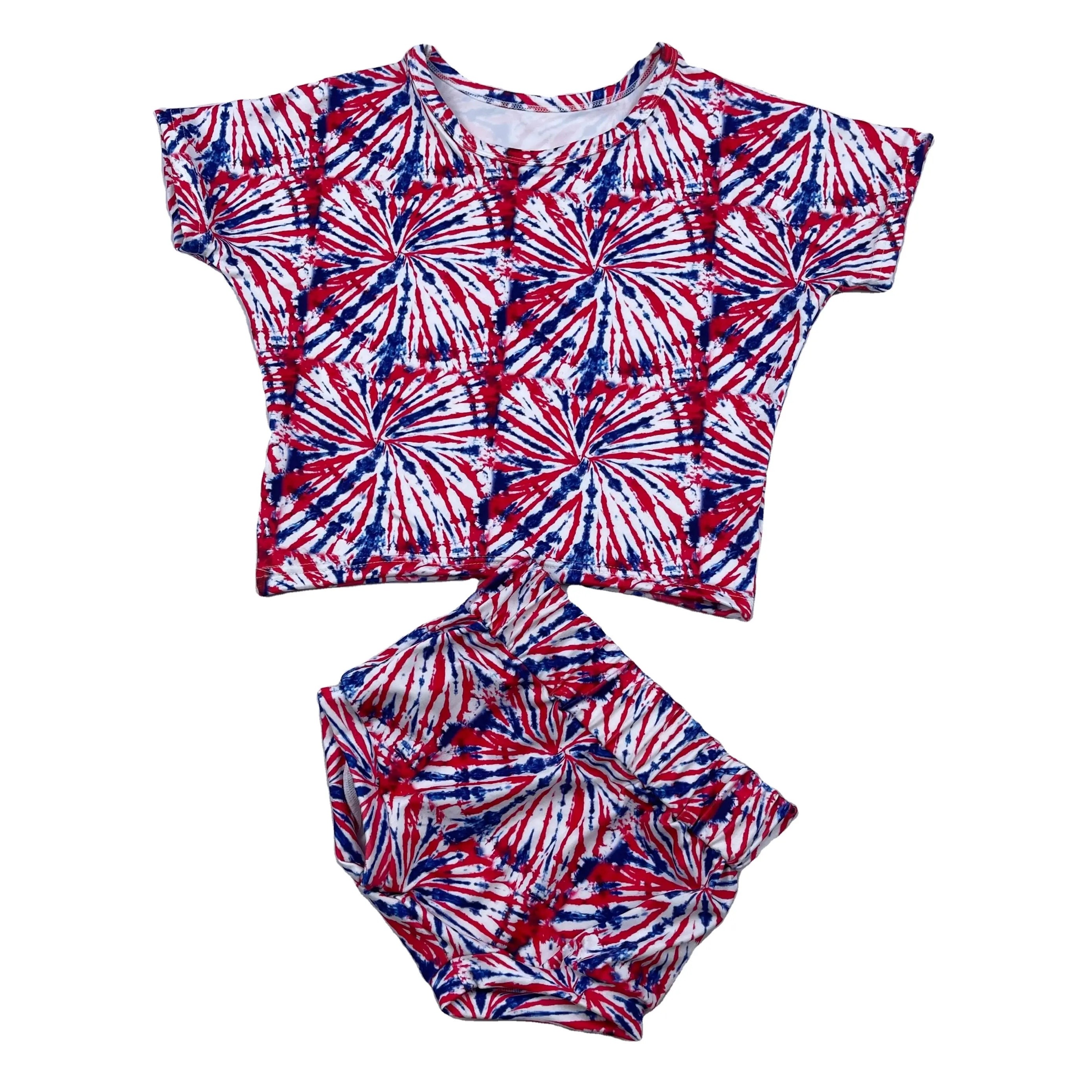 Neuankömmling Toddler Boutique Outfits 4. Juli Star Print Overs ize Crop Top Mit Bummies Set Kinder bekleidung Set