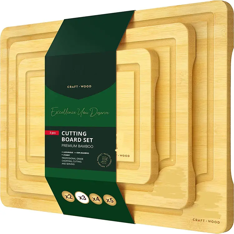 WOOD Cutting Boards for Kitchen - Bamboo Cutting Board Set of 3,, Thick Chopping Board for Meat, Veggies, Easy Grip Handle
